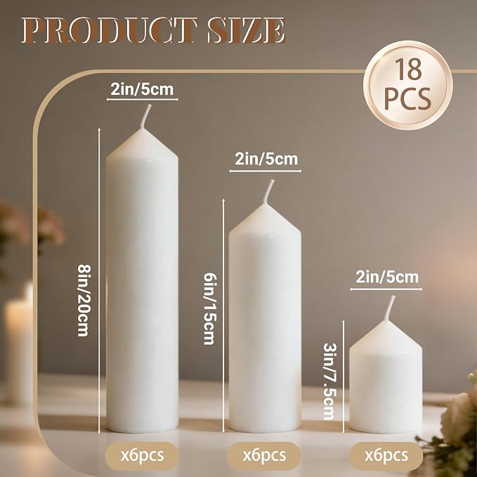 Pillar Candles Bulk Set - Unscented, Smokeless, Dripless | 3 Sizes: 2x3, 2x6, 2x8 Inches | Ideal for Weddings, Christmas & Home Decor (18, White)