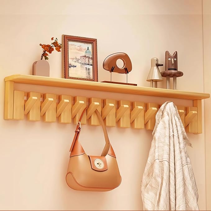 Wall Mounted Coat RackHooks Piano Key Hangers Natural Solid Wood Hanger Non-Woven Fabric Clothes Hangers for Closet, Kitchen, Bedroom, Bathroom, Entryway (Tray-Beech, 12 Hooks)