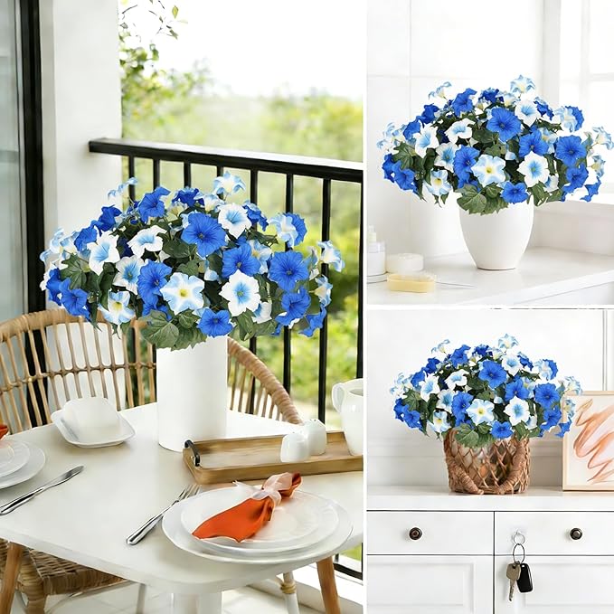 Artificial Flowers for Outdoors, Faux Petunias Spring Summer Decoration, Fake Flowers Plants UV Resistant Look Real Silk Flowers for Outside Planter Front Door Porch Patio Yard (12, Blue-White)