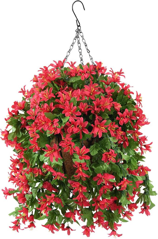 INQCMY Artificial Fake Hanging Plants Flowers Basket for Spring Summer Outdoor Outside Porch Decoration,UV Resistant Faux Silk Violet in Planter for Home Patio Balcony Garden Yard Decor(Red)