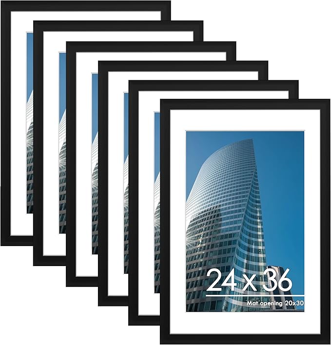 PEALSN 24x36 Poster Frame Set of 6, Display Pictures 20 x 30 with Mat or 24 x 36 without Mat, Poster Frames 24 x 36 inches for Wall Mounting Display, Black.