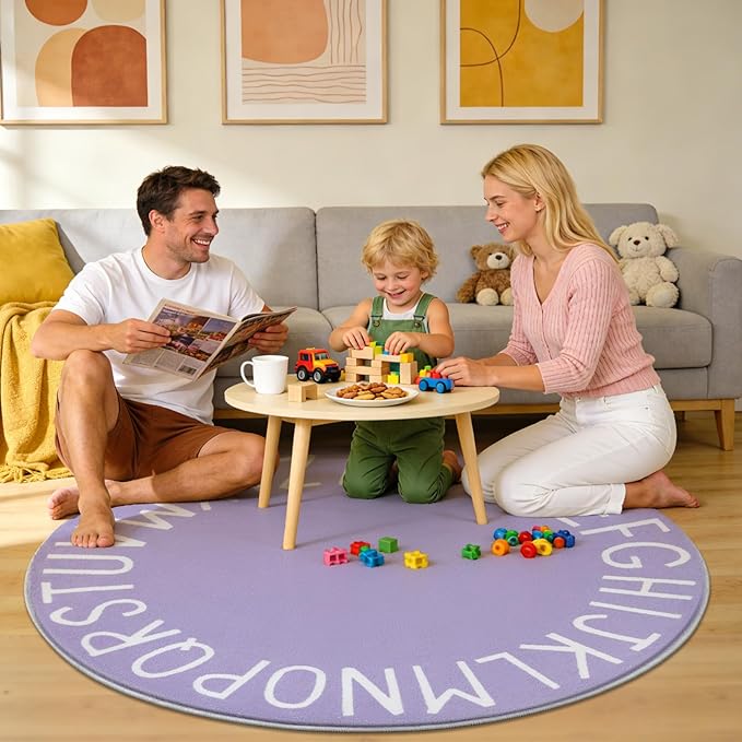 Topotdor Round Kids Play Rug Alphabet Nursery Area Rug Extra Large Soft Crawling Play Mat for Children Toddlers Bedroom (47 inch, Purple)