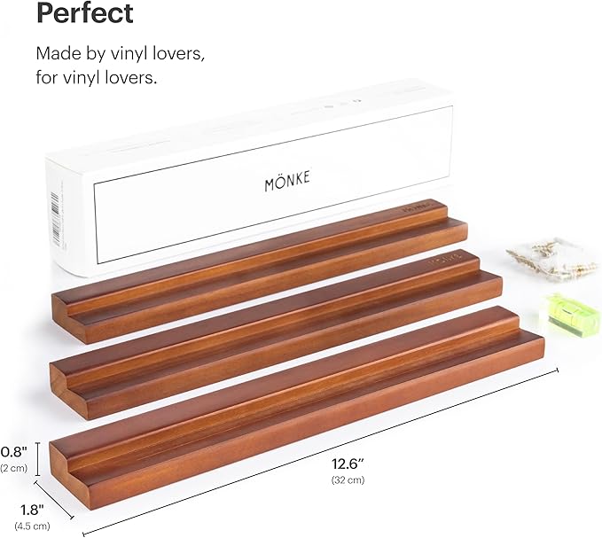 Vinyl Record Wall Mount - 3 Elegant Display Ledges Made from Solid Wood - These Vinyl Record Shelf Will Hold Records of Any Size (Brown)