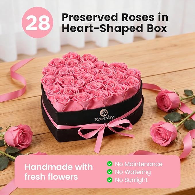 Valentines Day Flowers Roses Gifts for Her,28pcs Pink Forever Preserved Roses in Heart Shape Gift Box,Valentines Day Delivery Prime Gifts-Roses Gifts for Women,Mom.