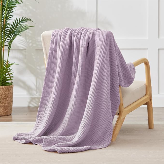 100% Cotton Muslin Blanket 50" x 60", Breathable and Lightweight Cotton Throw Blankets for Couch, Soft Cooling Summer Gauze Blanket for Adults All Season, Lavender