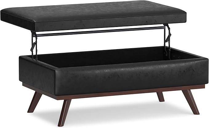 SIMPLIHOME Owen Lift Top Coffee Table Storage Ottoman - 42 inch Wide Upholstered Vegan Leather Rectangular Lift-Top Ottoman in Distressed Black, Mid-Century Modern Ottoman for Living Room