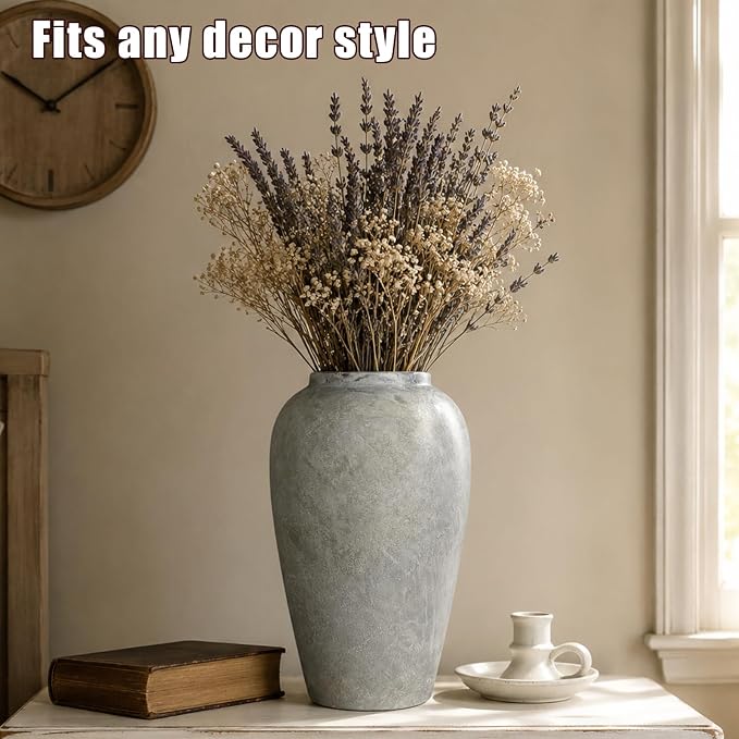 12 Inch Ceramic Rustic Farmhouse Vase, White Grey Handmade Pottery Vase for Living Room & Home Decor, Rustic Flower Vases for Table Centerpieces & Shelf Decoration, Wedding Gifts