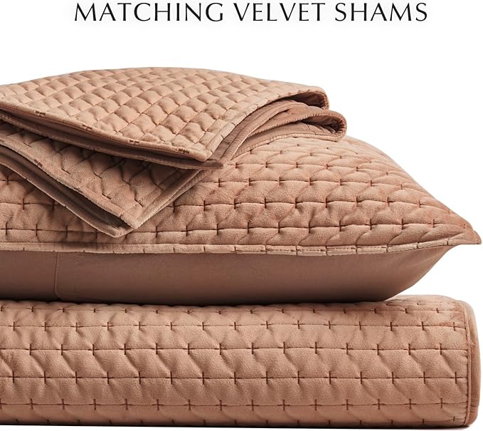EverGrace Luxury Velvet Quilt Set Queen Size 3 Piece, Soft Cross-Stitch Velvet Comforter Set with Pillow Shams, Lightweight Coverlet Bedspread Bedding Set for All Seasons, Terracotta Clay