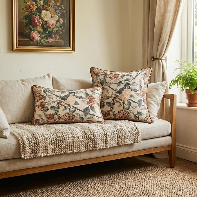 patdrea Vintage Linen Throw Pillow Cover,12"x20",Set of 2-ParkerEstate B | French Decorative Pillow Case with Zipper,Bird and Floral Pattern,Cushion Coverfor Couch Living Room Bedroom