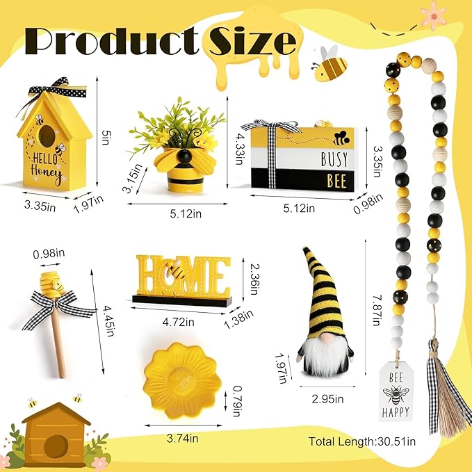 Spring Decorations 8 Pcs Bee Tiered Tray Decor Set, Summer Bumble Bee Décor for Kitchen Shelf Mantel Farmhouse Tabletop Spring Summer Decorations for Home Office Indoor Beehive Gnome Decorative Bundle