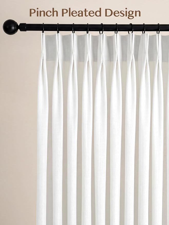 THREE GIRLS Liz Pinch Pleated Linen Curtains 72 Inches Long, Light Filtering Curtains for Living Room, Farmhouse Window Curtains for Bedroom, Modern Drapes with Hooks and Rings, White, 2 Panels Set