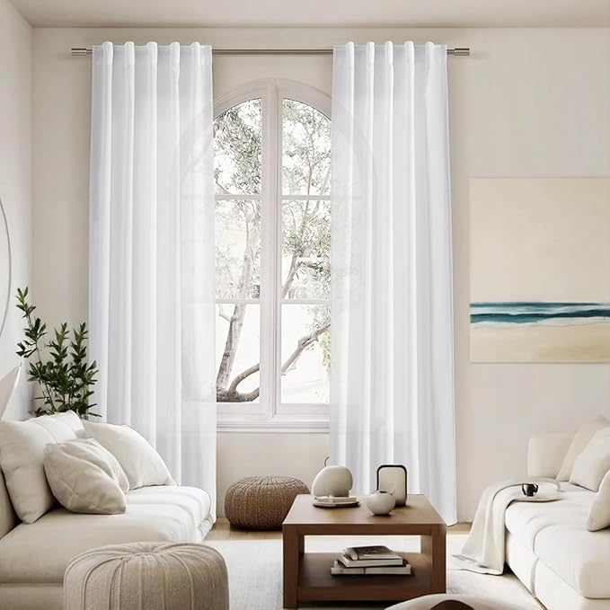 Nanspring White Farmhouse Decor Curtains 63 Inch Length for Living Room Linen Blend Light Filtering Curtains Back Tab and Rod Pocket Textured Curtain for Bedroom 34 X 63, 2 Panels