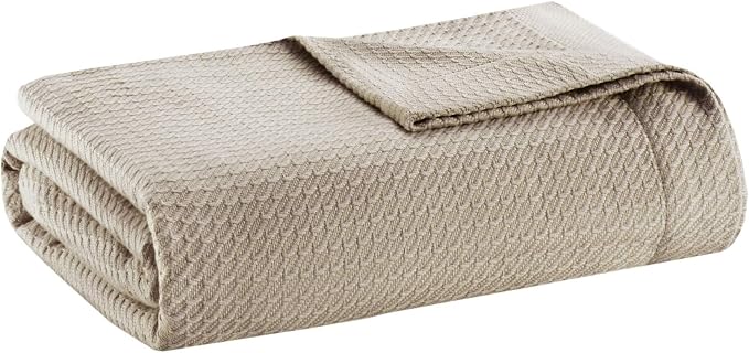 Madison Park 100% Egyptian Cotton Lightweight Summer Blanket, Breathable Waffle Knit Design, Soft Cozy All-Season Throw for Bed, Couch or Sofa, Khaki Taupe Full/Queen Size (90"x90")