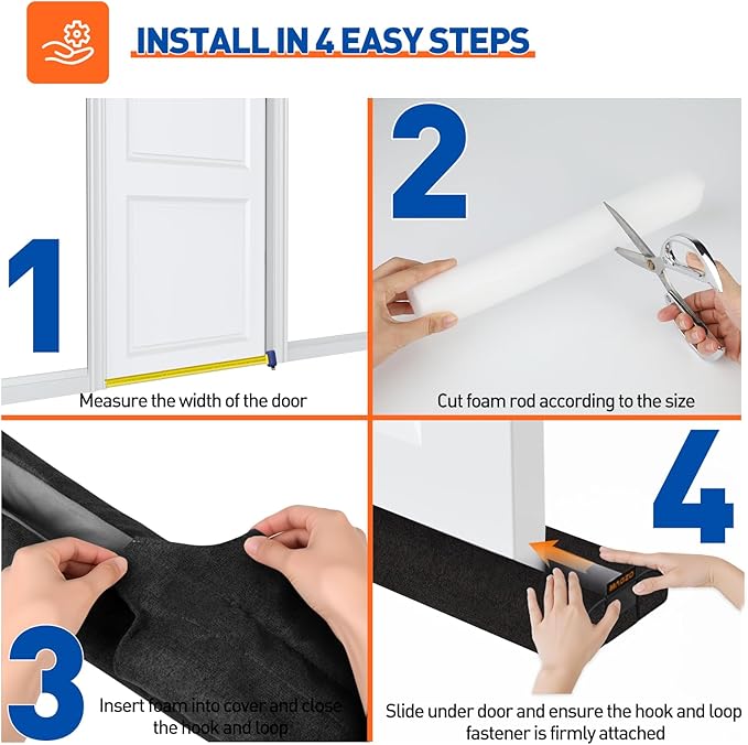MAGZO Door Draft Stopper, 36 Inch Adjustable Under Door Gap Filler, Fits 30'' - 36'' Bottom Widths, Seals Gaps up to 1.7", Soundproof Sweep Blocks Air, Noise, Light, Dust- Black