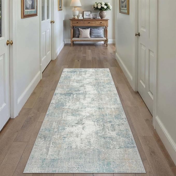 2x5 Washable Runner Rug Blue Cream Abstract Non Slip Soft Low Pile Hallway Kitchen Rug Neutral Modern Carpet for Laundry Bathroom Bedroom Living Room Home Decor