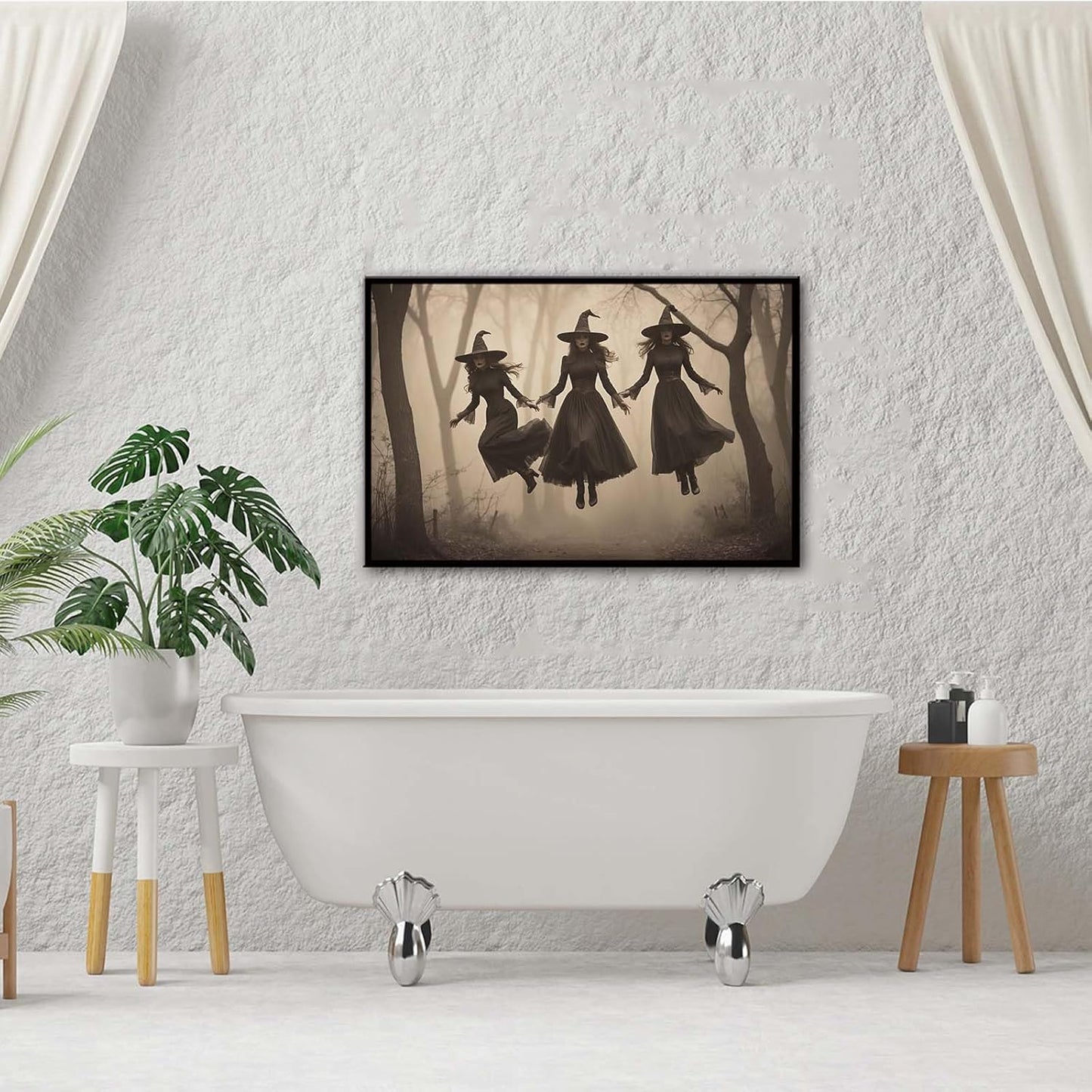 JFHCQJPK Three ghost witches flying in vintage forest gothic wall art witchcraft decoration holiday gift canvas wall art print8x12in Metal blackFramed