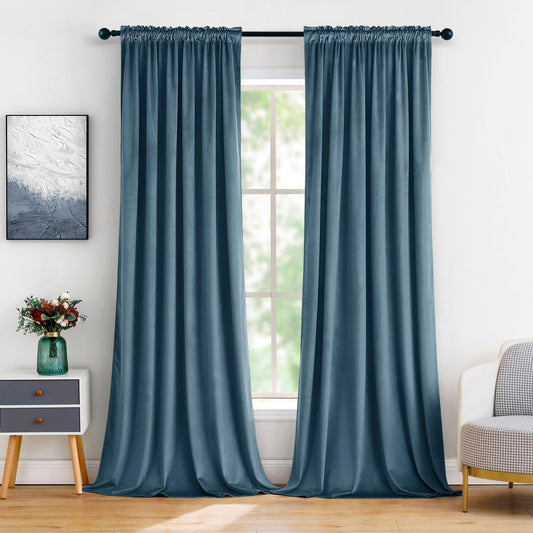 MIULEE Dark Slate Velvet Curtains Thermal Insulated Blackout Curtain Drapes for Bedroom Living Room Darkening 96 Inches Long Curtains Panels Rod Pocket Set of 2