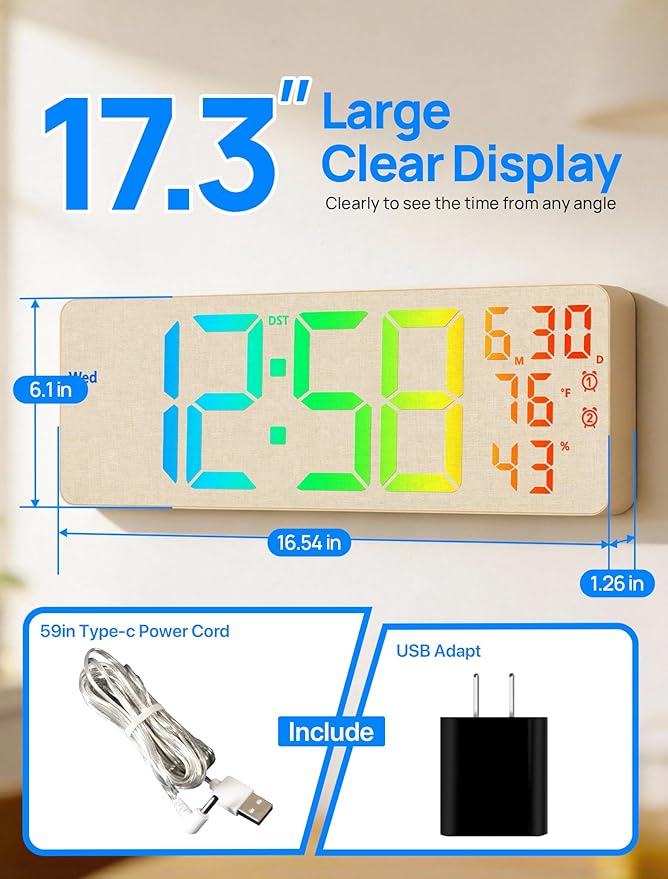 MASHI 2026 Upgrade 17.3" Large Digital Wall Mount Clock, Digital Clock with Remote Control, Alarm, Big LED, RGB Color, DST, Temperature for Living Room,Classroom, Bedroom, Decor (Beige)