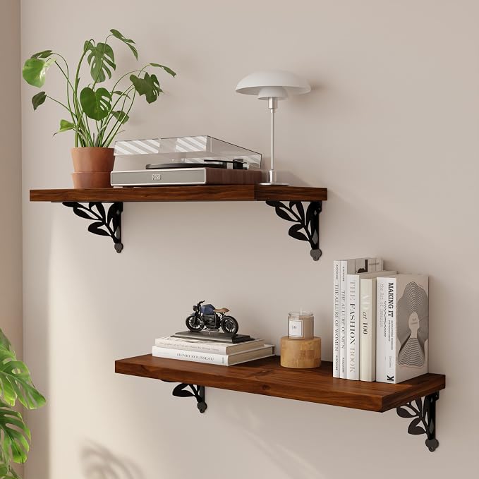 24 Inch 2 Tier Solid Wood Floating Shelves for Wall with Metal Brackets | 24 inch solid pine shelves, 2 tier, walnut finish, metal brackets for books, decor and home storage