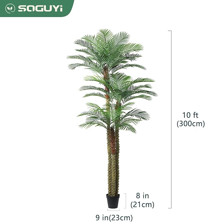 SOGUYI 10ft Outdoor Artificial Palm Tree - UV Resistant Tall Fake Tropical Golden Cane Plant for Patio, Poolside, Lawn, Indoor Decor - Large Faux Palm Tree, Set of 1