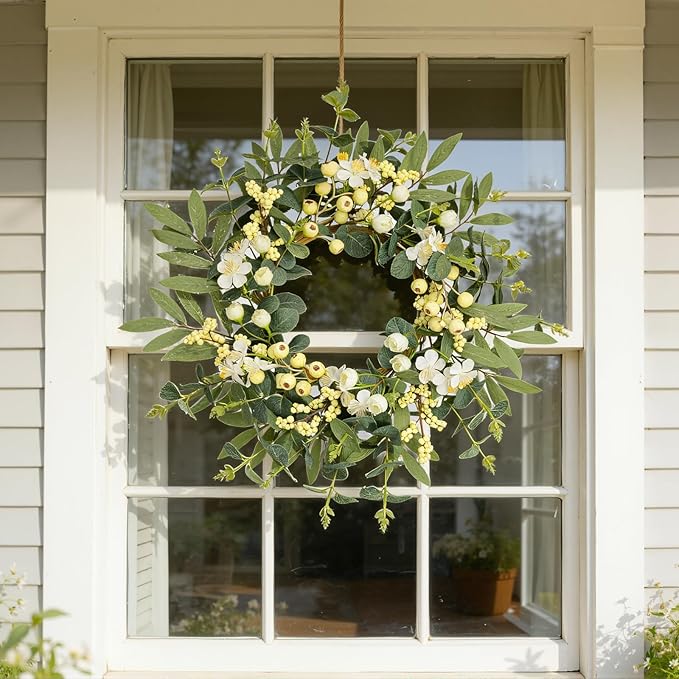 20 Inch Summer Wreaths for Front Door, Spring Summer Eucalyptus Wreath - White Berry Artificial Floral for Front Door, Porch, Home Decor, Farmhouse Wall Window Decorations
