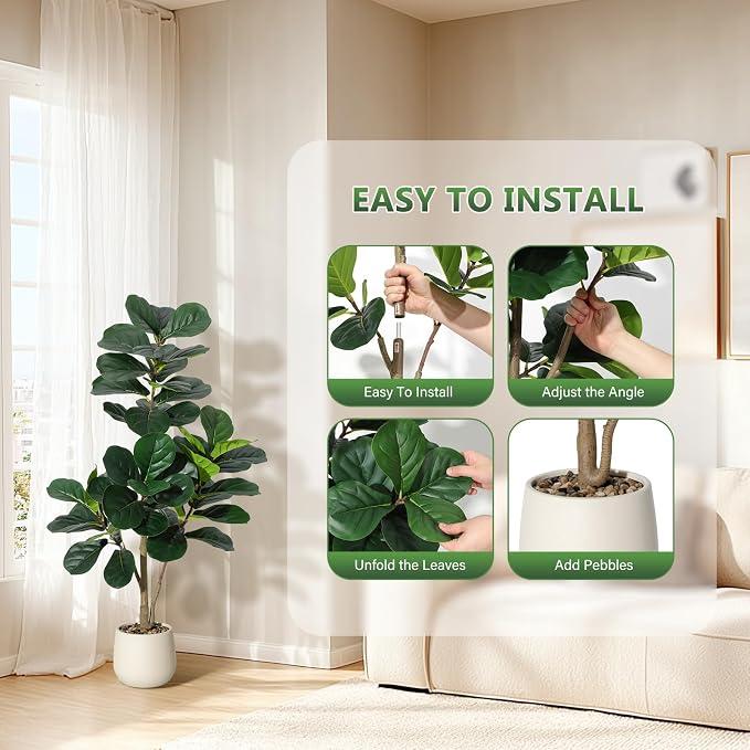 4 ft Fiddle Leaf Fig Tree Artificial with 48 Leaves - Realistic Faux Ficus Lyrata Trees in 7.8 in White Planter Pot, Indoor Fake Floor Plants for Home Office Living Room Decor, Housewarming Gift