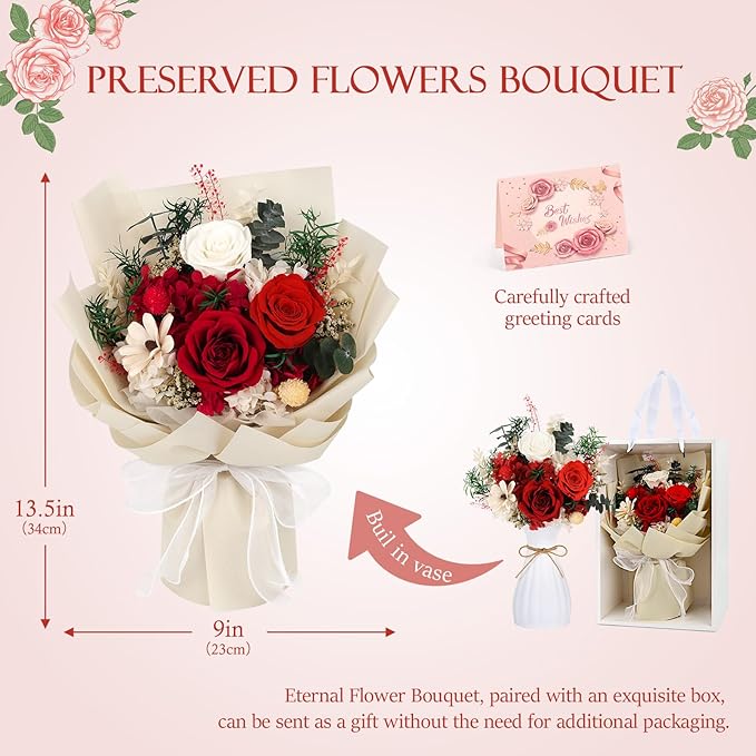 Flowers for Delivery Prime Preserved Flowers Bouquet with Vase That Last 3-5 Years Real Forever Flowers Red Rose Bouquet for Mom Mother Women Wife Friends Birthday Mothers Day Gifts
