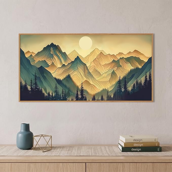 Boho Green Mountain Landscape Framed Canvas Wall Art Set,Abstract Sun Forest Scenery Wall Decor,Bohemian Ridge Lines Pine Tree Artwork for Living Room,Bedroom,Dining Room,Office-40 x20 x1