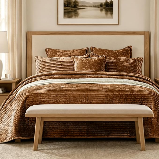 Luxury Velvet California King 106x118 in Quilt Set 3 Piece Quilted Bedspread with 2Pillow Shams(20x36) Ultra Soft Coverlet All Season Bedding for Farmhouse Modern Bedroom Sofa,Caramel