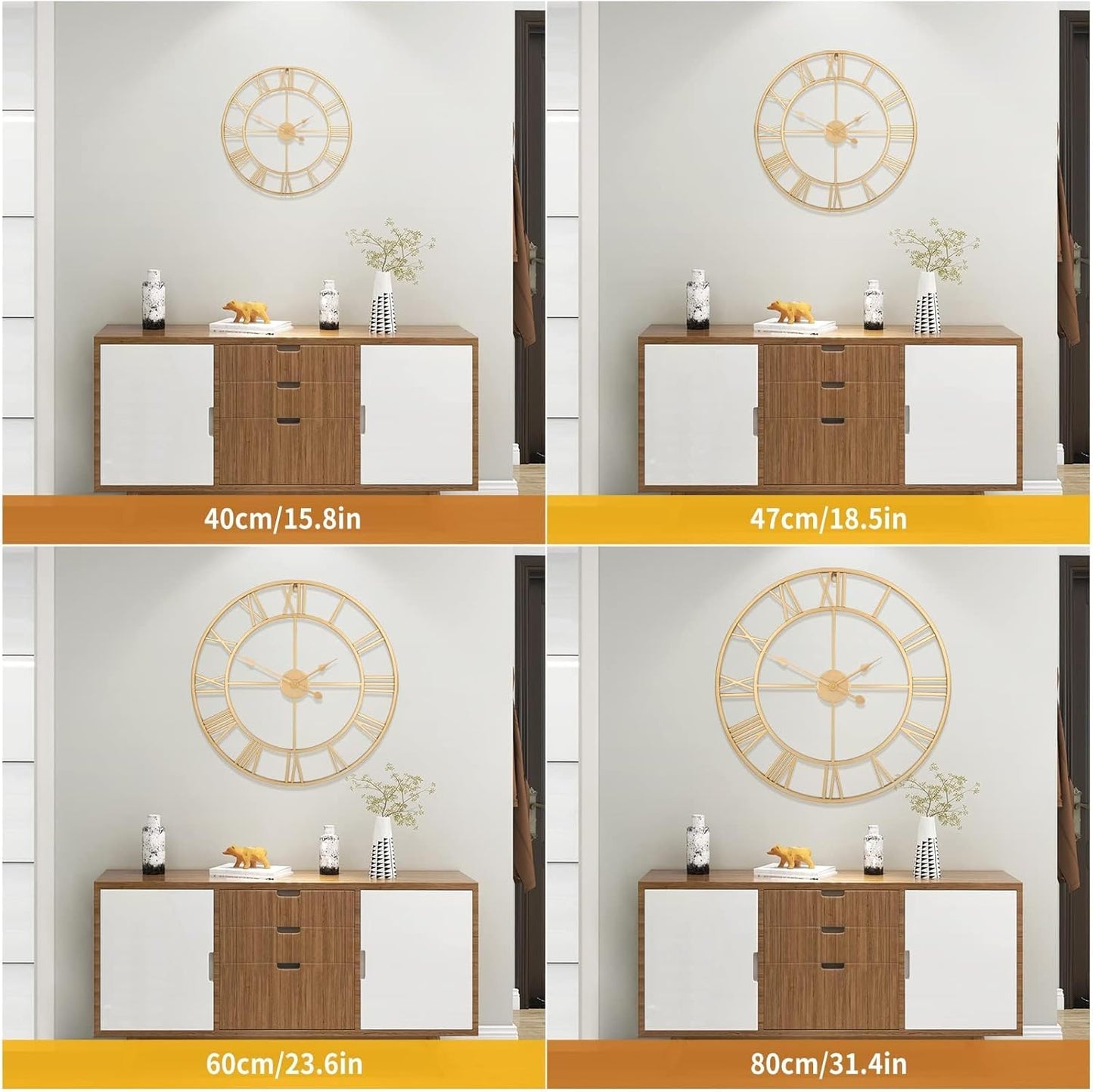 1st owned Large Wall Clock Silent Non-Ticking Roman Numerals Vintage Battery Operated (24 inch,18inch,16inch) Farmhouse Wall Clock for Living Room, Bedroom, Kitchen, Cafe Decor-Gold 40CM