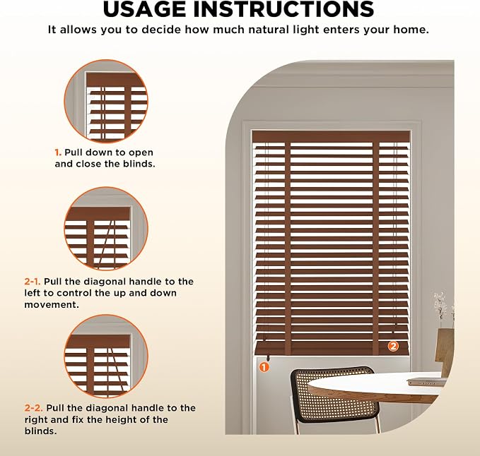 2" Slats Wood Blinds for Indoor Windows: Solid Wooden Blackout Blinds & Shades,Black Out Privacy Horizontal Blinds for Home Bedroom Bathroom Living Room Windows and Doors 34.5" WX36 H Brown