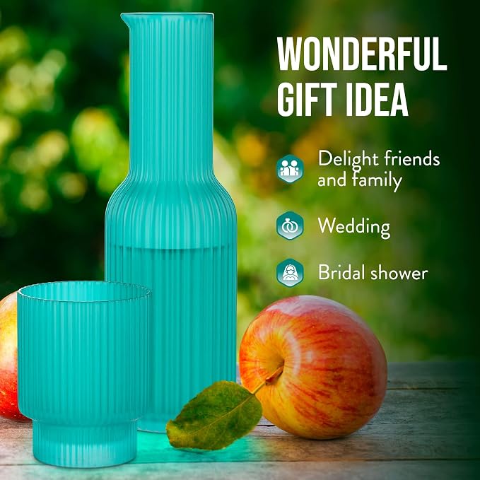 American Atelier 30 oz Ribbed Glass Water Carafe Set with Tumbler, Set of 2 – 10" Easy Pour Spout, Cup for Office, Kitchen & Bedside Use, Stylish and Functional Drinkware (Aqua Blue)
