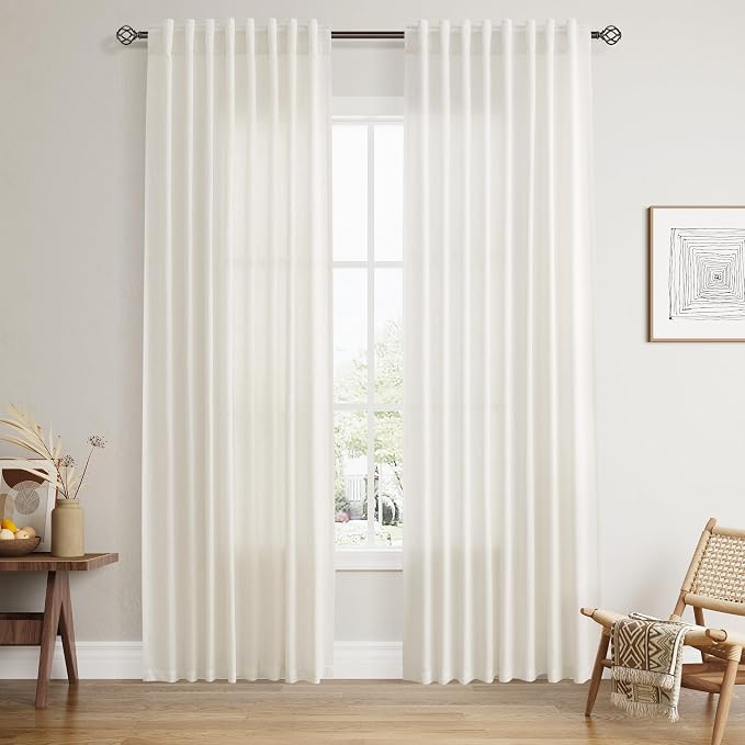 Nanspring Cream Linen Curtains 84 Inch Length for Living Room Natural Light Filtering Window Treatments with Back Tab Rod Pocket Rustic Semi Sheer Drapes for Dining Bedroom 2 Panels W60 x L84