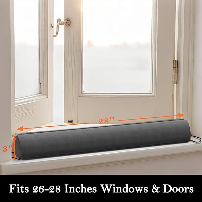 Sunolga 2 Pack Door Draft Stopper Filled with Glass Beads & Cotton, 28 Inches Removable Machine Washable Sound Proof Under Door Draft Blocker with Anti-Abrasion Bottom for Door and Window, Gray