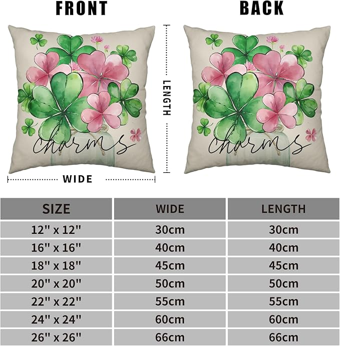 Pack of 2 St Patricks Pillow Covers 24x24 Inch Spring March Holiday Square Pillowcases Green Pink Clover Lucky Charms Cushion Cases Pink Shamrock Decor for Home Sofa Bed