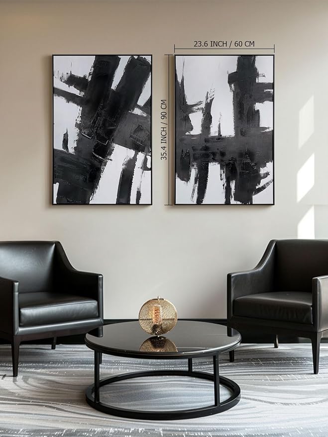 Black and White Abstract Canvas Wall Art - Set of 2 Piece 24 x 36 inch Framed Hand-Textured Geometric Artwork - Perfect for Stylish Living Room or Office Decor