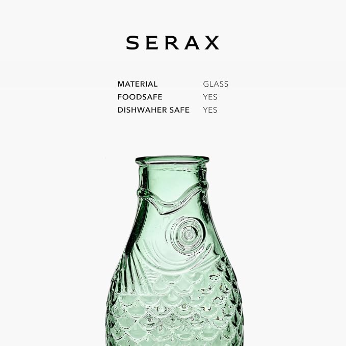 Serax Glass Water Pitcher | Fish & Fish glassware by Paola Navone | Wine Carafe Decanter 28.74 fl oz | Clear Green Bottle Container for hot & cold Drinks | Fridge Beverage Dispenser, Suitable as Vase