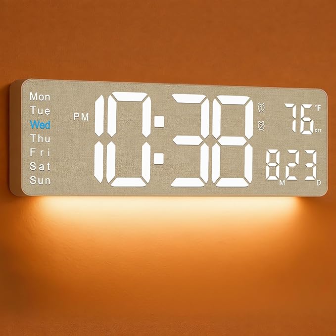 MASHI 2026 Upgrade Digital Wall Clock, 16" Large Display Digital Clock with Remote Control, Auto-Dimming Wall Clock with Night Light, DST, Date Week,Temp for Living Room, Gift for Elderly (Beige)