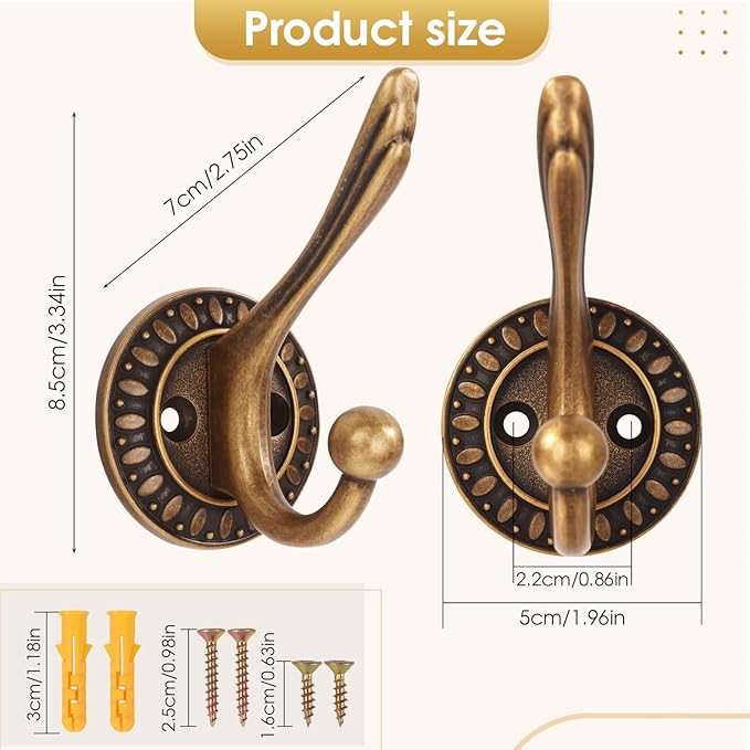 Antique Brass Heavy Duty Wall Hooks – 6 Pack Rustic Coat Hooks for Hanging Coats,Robes,Bags,Hats,Wall Mounted with Includes Two Types of Installation Screws YDGT