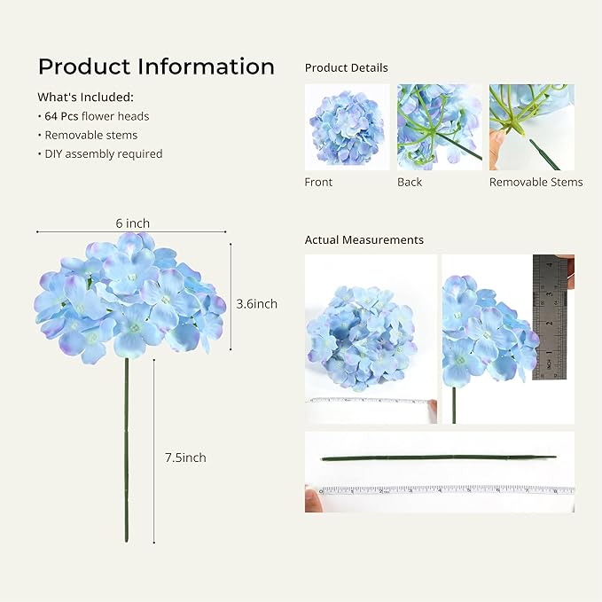 Auihiay 64 PCS Full Artificial Hydrangea Flowers, Blue Purple Silk Hydrangea Heads with Stems, Fake Flowers for Wedding Centerpieces, Baby Shower, Home, Garden, Party Decoration (Blue Purple)
