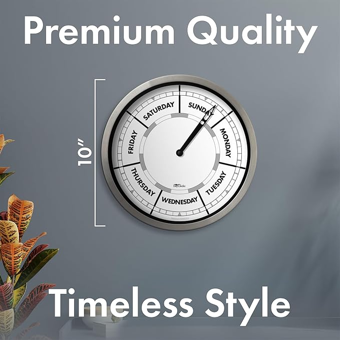 Classic Day of The Week Wall Clock - 10" Aluminum Frame, Ideal Retirement Gift for Men and Women, Day Clock for Seniors and Retirees