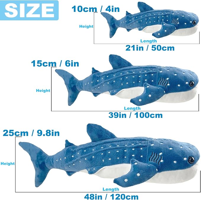 Mukouxun 39 Inch Whale Shark Stuffed Animal – Giant Plush Shark Pillow Toy, Realistic Big Whale Shark Plushie for Kids and Ocean Lovers, Large Cuddly Gift