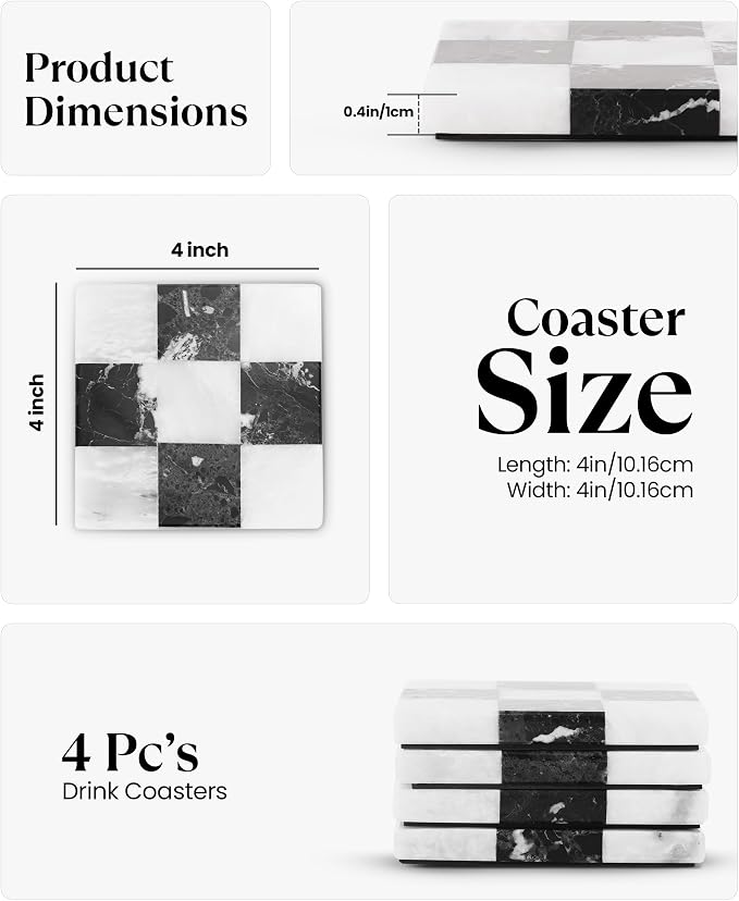 Marble Coasters Set of 4, Zebra Black & White Handmade 4 inch Square Checkered Stone Coaster, Drink Coasters for Living Room, Trendy Office Desk Accessories & Home Décor