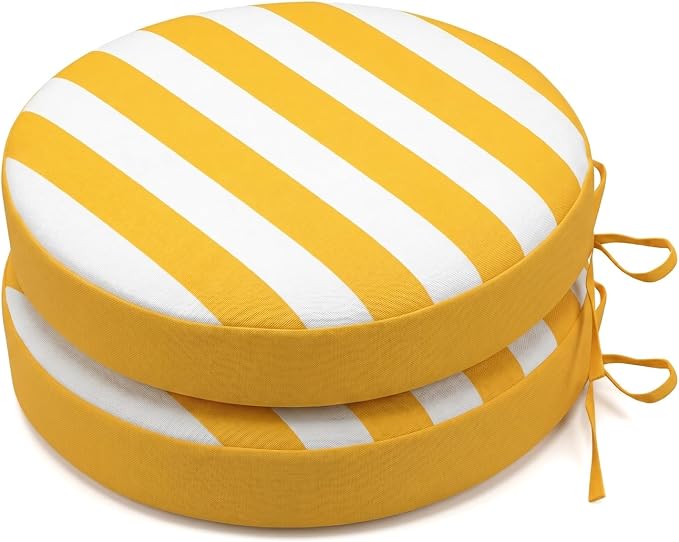 SK Studio Round Outdoor Chair Cushions for Patio Furniture, Set of 2 Waterproof Patio Chair Cushion with Adjustable Ties for Garden Sofa Couch, Yellow Stripe, 18"x18"x2"
