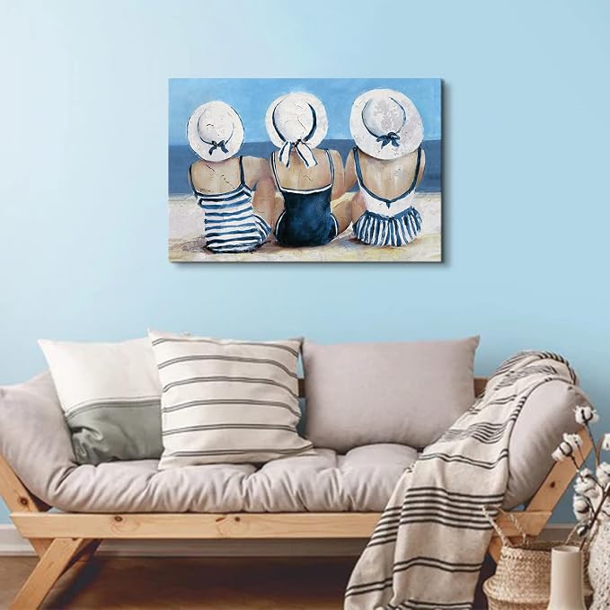Navy Blue Coastal Canvas Wall Art Beach Wall Decor for Girls Bedroom Rustic Ocean Landscape Painting Bathroom Picture Nautical Seaside Swimsuit Poster Artwork Living Room Kitchen Decoration 20x30"