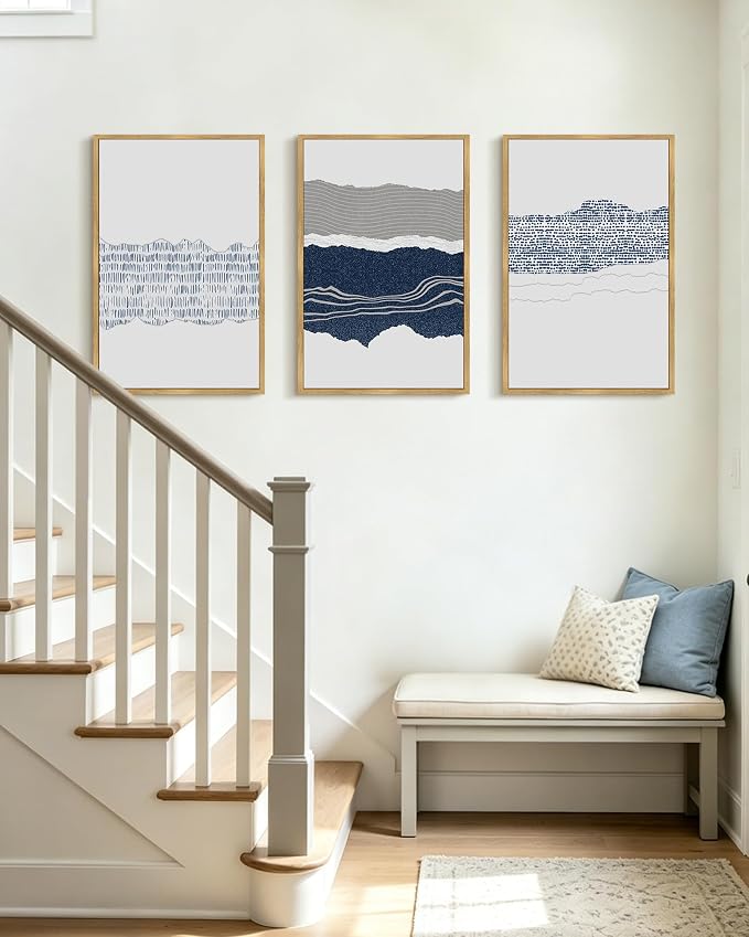 PHOPAGO Navy Blue Abstract Shapes Framed Wall Art Large 16x24in Mid Century Minimalist Boho Wall Decor Modern Neutral Rustic Farmhouse Living Laundry Decor - Natural Framed