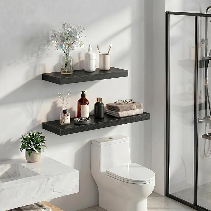 Heimlove 16 inchs Floating Shelves for Wall Set of 2,Black Shelf for Small Bathroom,Bedroom,Living Room,Kitchen,Modern Home Decor,Rustic Farmhouse Wall Shelves with Invisible Brackets