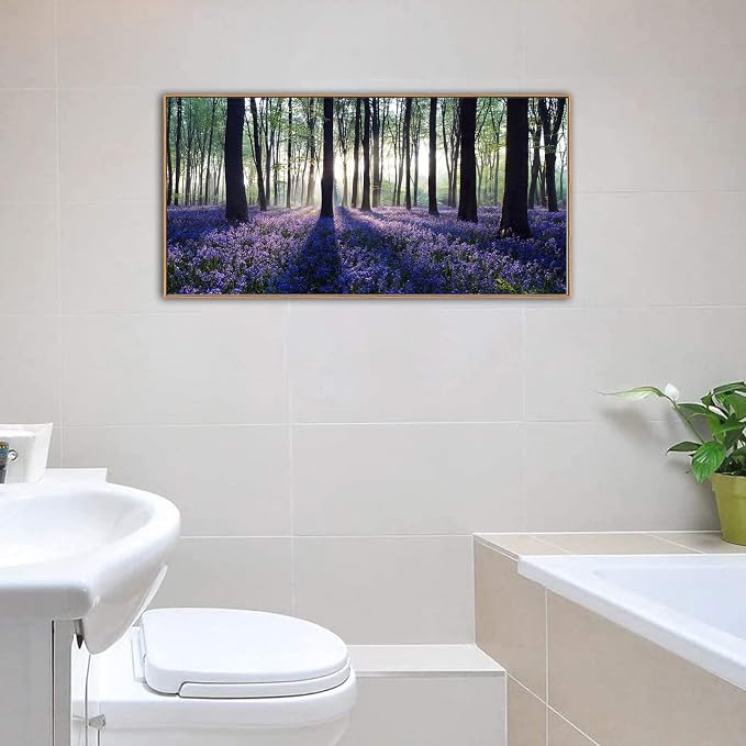 yearainn Framed Purple Lavender Forest Canvas Wall Art 24" x 48" | Lavender Field Sunlight Trees Canvas Picture, Nature Landscape Painting Artwork for Home Wall Decor, Natural Wood Frame