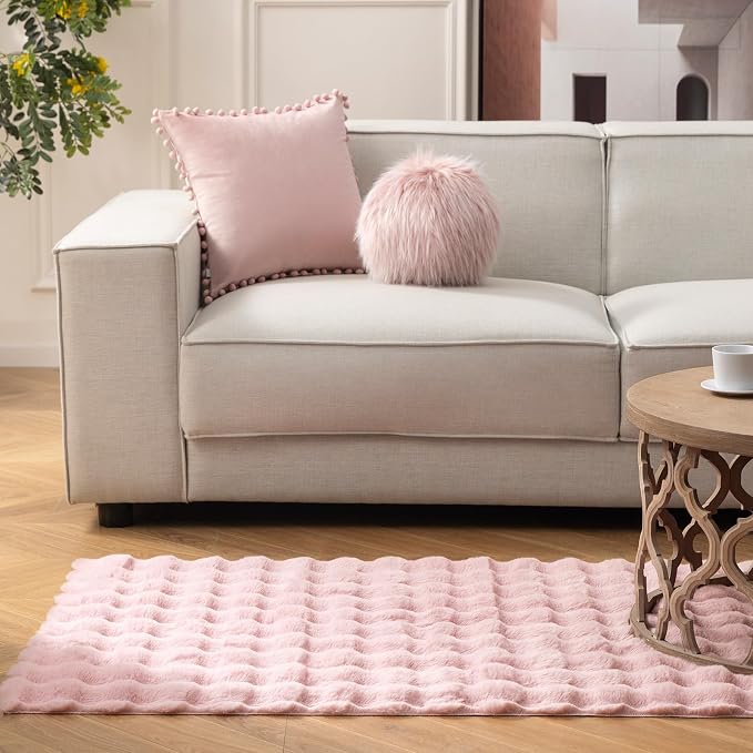 Ashler Faux Rabbit Fur Rug, Pink 4x6 FT Fluffy Soft Area Rugs, Rectangle Fuzzy Carpet for Living Room, Bedroom, Machine Washable Rug - 3D Bubble Mat