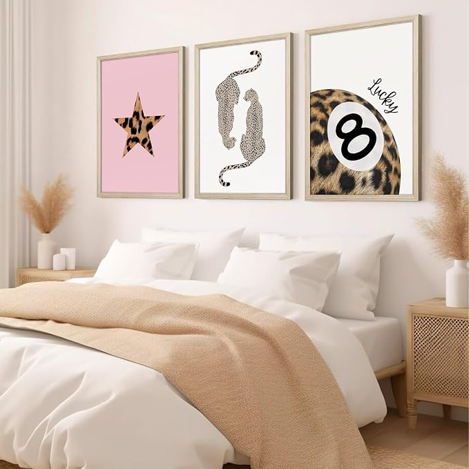 Leopard Wall Art Cheetah Canvas Prints Lucky 8 Ball Wall Decor Fashion Leopard Poster Aesthetic Pictures Trendy Cheetah Painting Preppy Pink Artwork for Living Room Bedroom 16x24x3 Inch Wood Framed